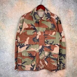VTG 70s US Army Camo Shirt Mens Sz M Patch Military Woodland Long Sleeve Eagle